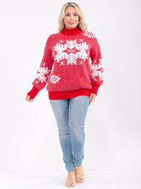 PLUS SIZE LONG SLEEVE TURTLE NECK SNOWFLAKE FUZZY PULLOVER SWEATER