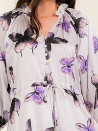 WOMEN'S LONG SLEEVE V-NECK BUTTON UP ADJUSTABLE WAIST BUTTERFLY PRINT MINI DRESS