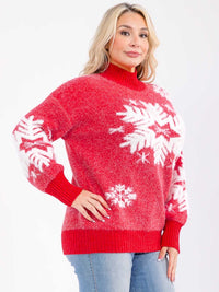 PLUS SIZE LONG SLEEVE TURTLE NECK SNOWFLAKE FUZZY PULLOVER SWEATER
