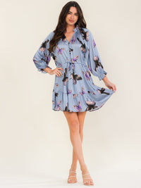 WOMEN'S LONG SLEEVE V-NECK BUTTON UP ADJUSTABLE WAIST BUTTERFLY PRINT MINI DRESS