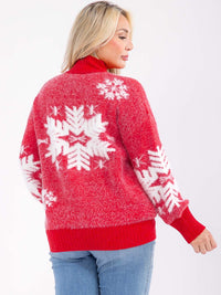 PLUS SIZE LONG SLEEVE TURTLE NECK SNOWFLAKE FUZZY PULLOVER SWEATER