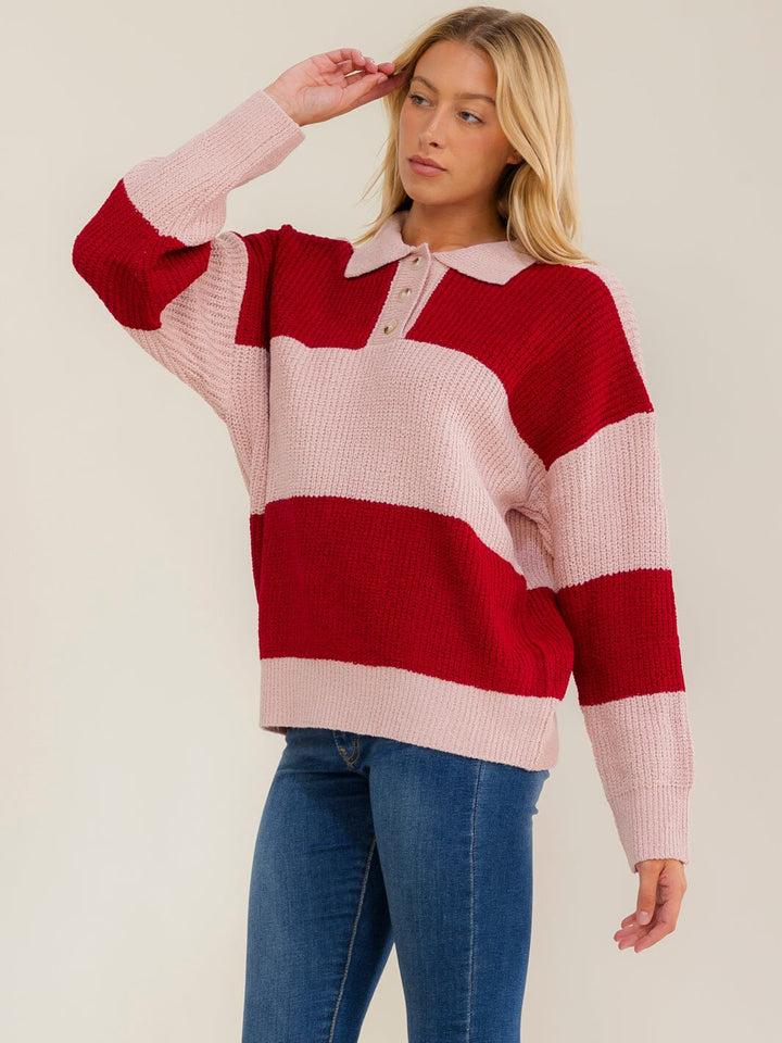 WOMEN'S LONG SLEEVE BUTTON UP COLORBLOCK STRIPES PULLOVER SWEATER