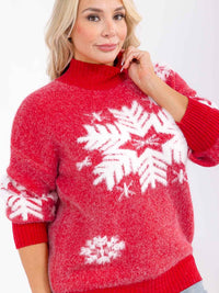 PLUS SIZE LONG SLEEVE TURTLE NECK SNOWFLAKE FUZZY PULLOVER SWEATER