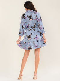 WOMEN'S LONG SLEEVE V-NECK BUTTON UP ADJUSTABLE WAIST BUTTERFLY PRINT MINI DRESS
