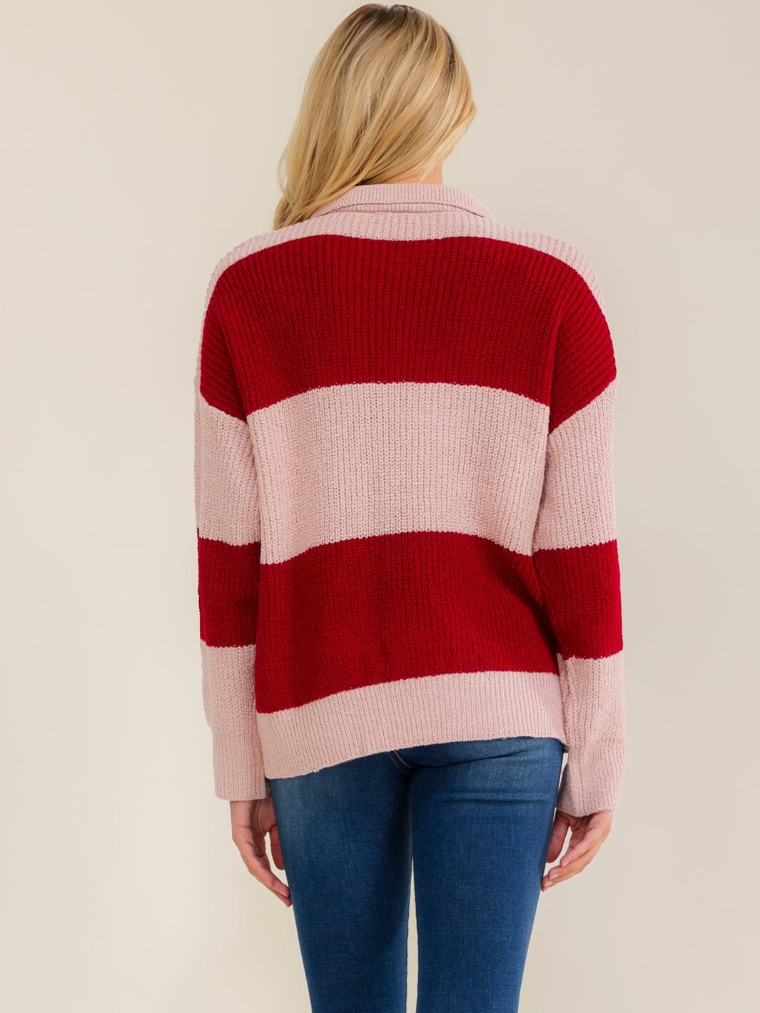 WOMEN'S LONG SLEEVE BUTTON UP COLORBLOCK STRIPES PULLOVER SWEATER