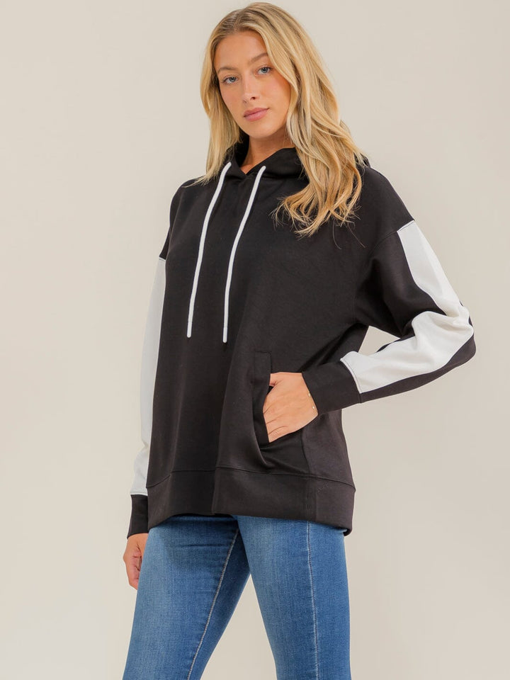 WOMEN'S LONG SLEEVE FRONT POCKETS COLORBLOCK HOODED PULLOVER SWEATER