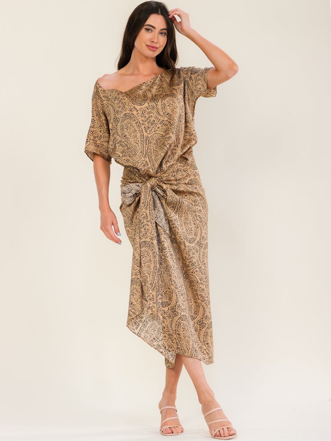 BEULAH WOMEN'S SHORT SLEEVE FRONT TIE MULTI PRINT MAXI DRESS
