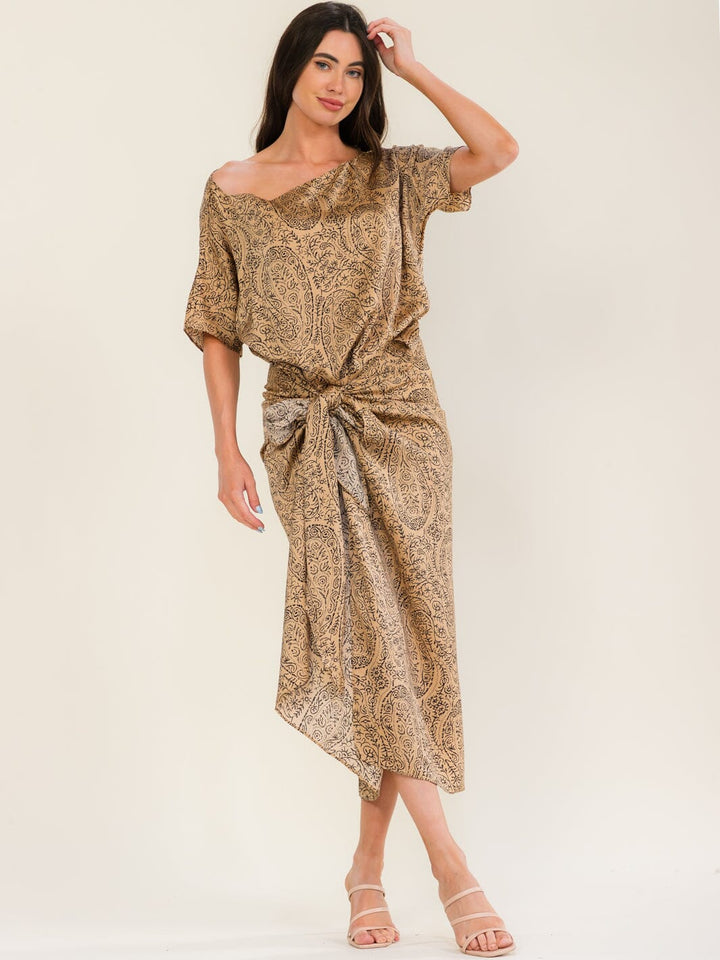 BEULAH WOMEN'S SHORT SLEEVE FRONT TIE MULTI PRINT MAXI DRESS