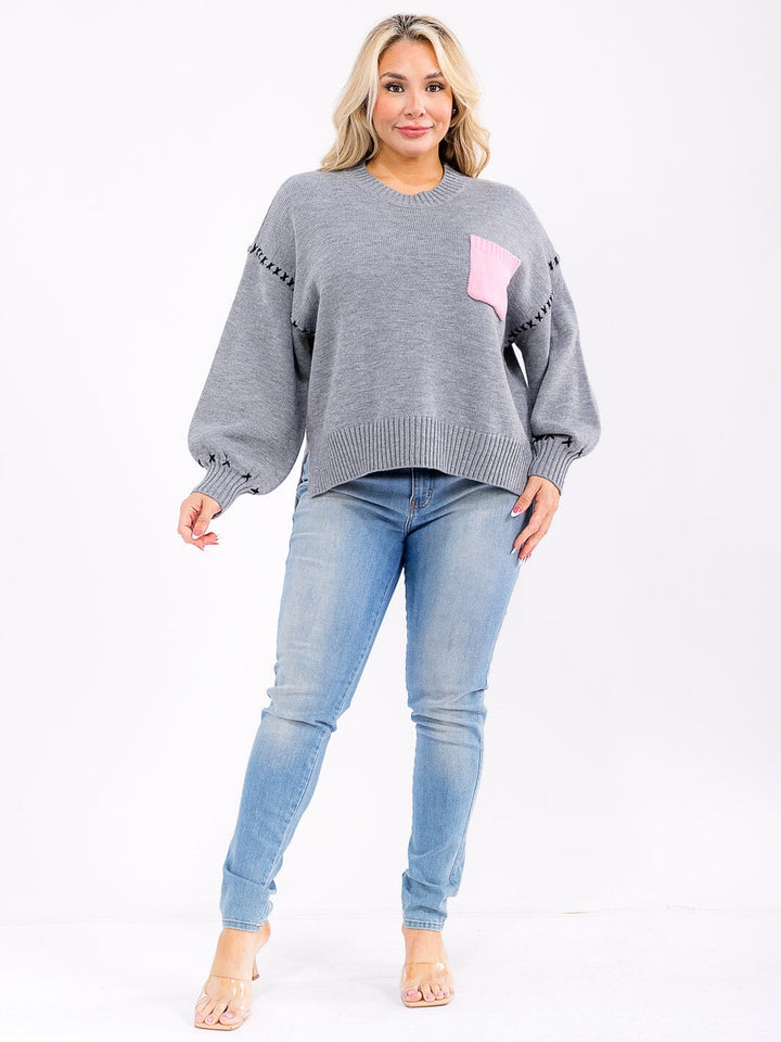 PLUS SIZE LONG PUFF SLEEVE FRONT POCKET PULLOVER SWEATER