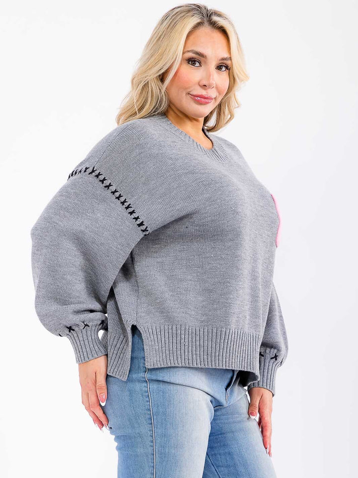 PLUS SIZE LONG PUFF SLEEVE FRONT POCKET PULLOVER SWEATER