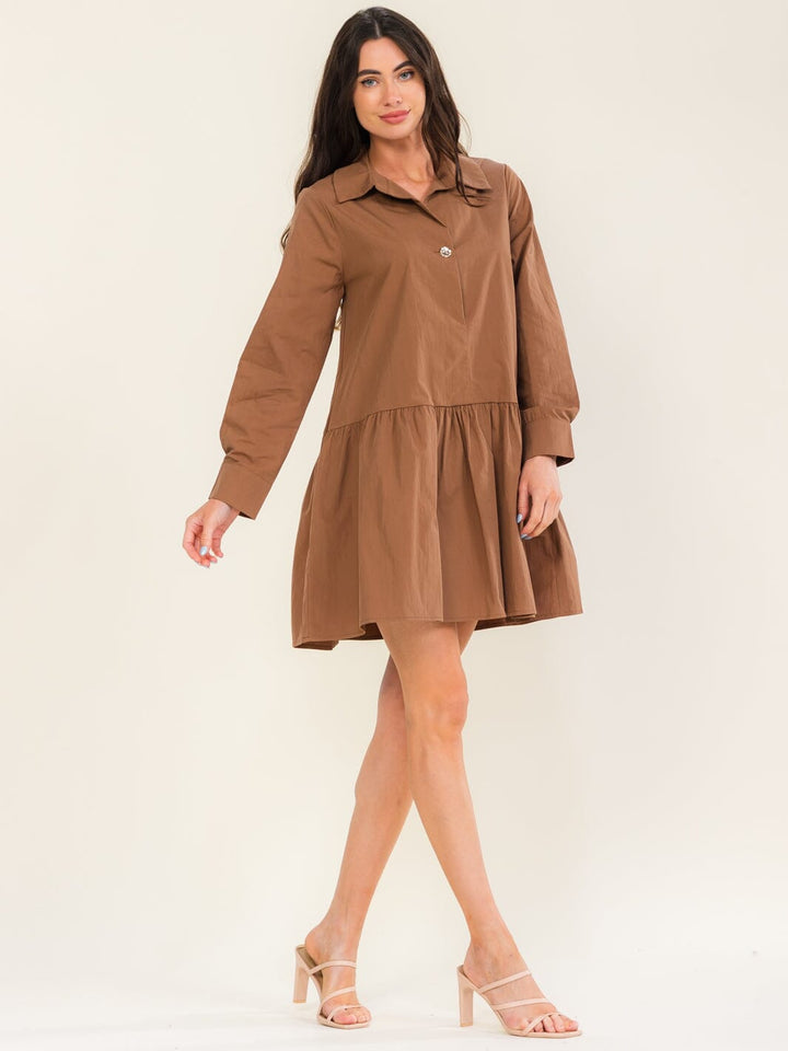 ENTRO WOMEN'S LONG SLEEVE BUTTON CLOSURE FRONT POCKETS TUNIC MINI DRESS