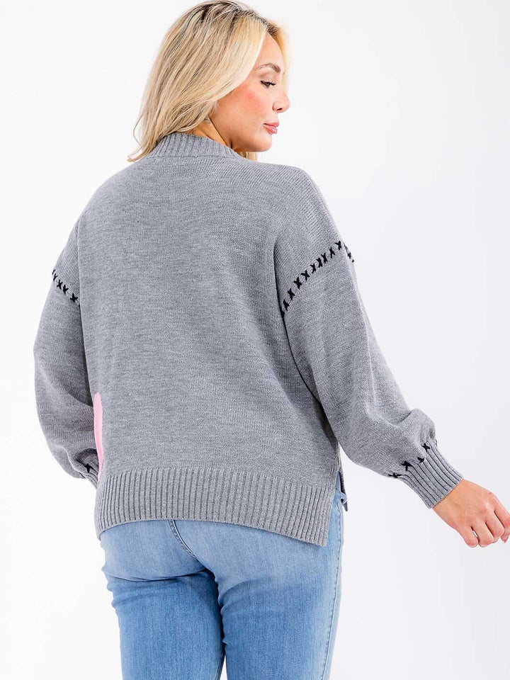 PLUS SIZE LONG PUFF SLEEVE FRONT POCKET PULLOVER SWEATER