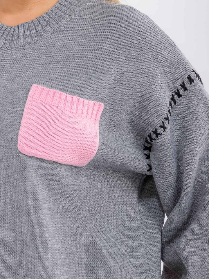 PLUS SIZE LONG PUFF SLEEVE FRONT POCKET PULLOVER SWEATER