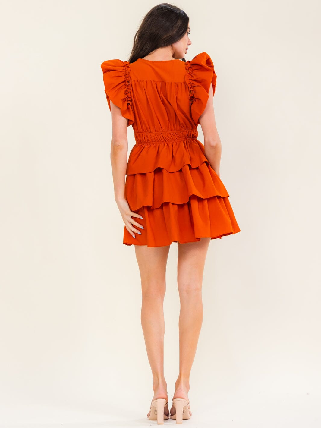 ENTRO WOMEN'S SHORT RUFFLE SLEEVE SURPLICE ELASTIC WAIST MINI DRESS