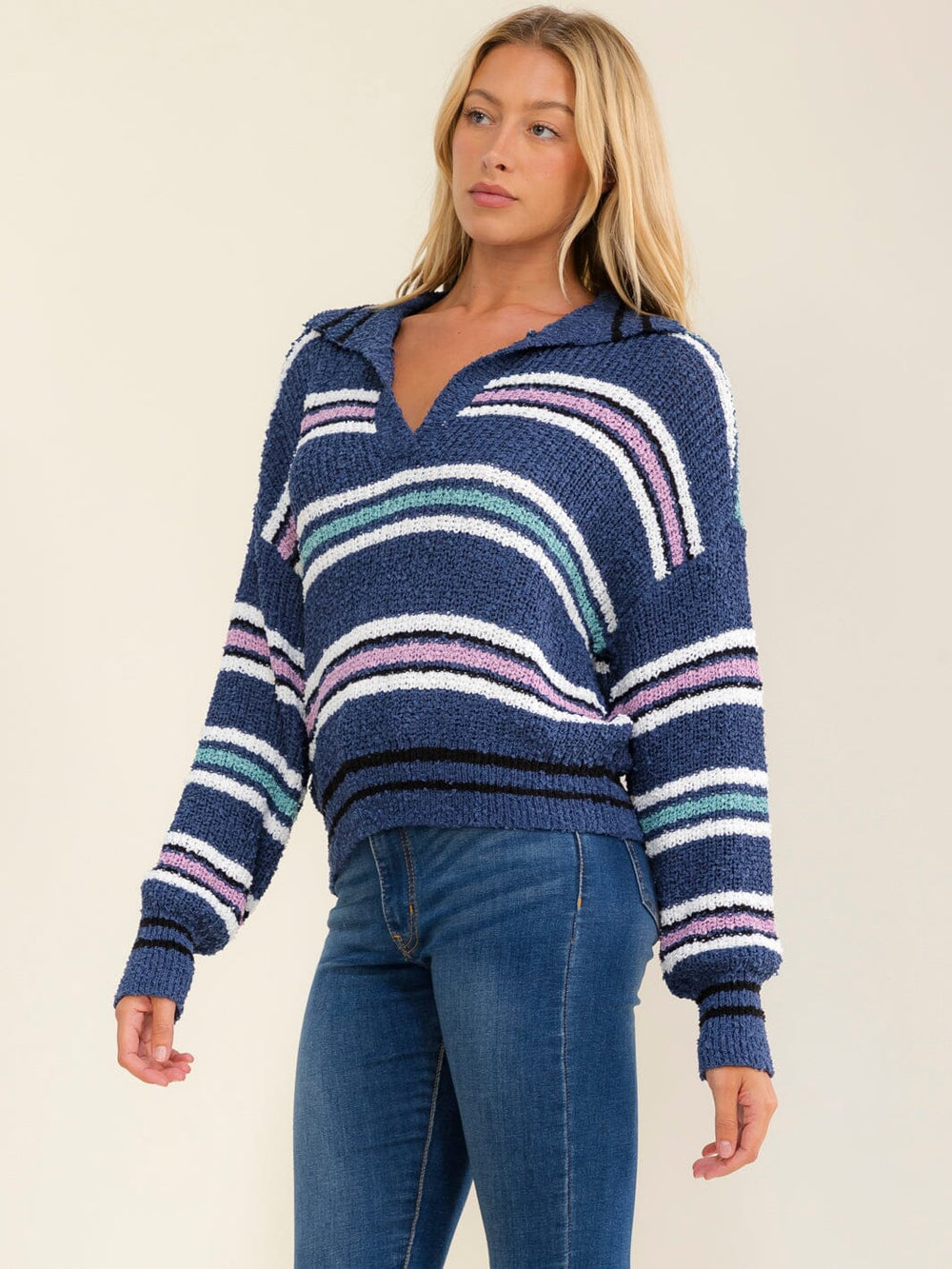 WOMEN'S LONG SLEEVE V-NECK COLORBLOCK STRIPES PULLOVER SWEATER