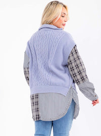 PLUS SIZE LONG SLEEVE ZIP UP PLAID CONTRAST PULLOVER SWEATER