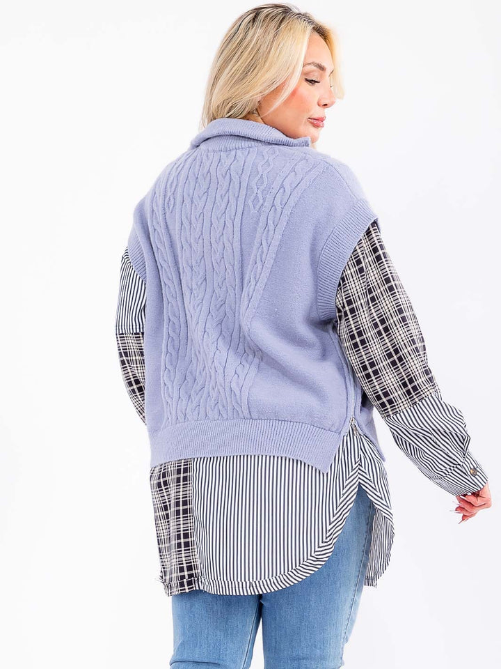 PLUS SIZE LONG SLEEVE ZIP UP PLAID CONTRAST PULLOVER SWEATER