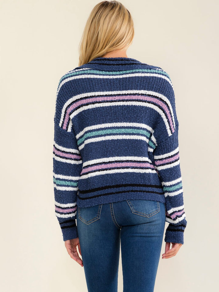 WOMEN'S LONG SLEEVE V-NECK COLORBLOCK STRIPES PULLOVER SWEATER