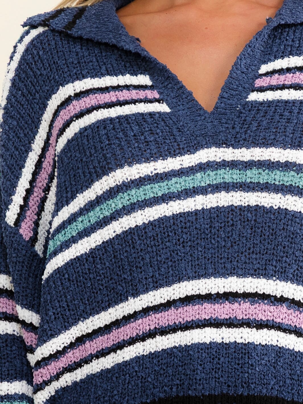 WOMEN'S LONG SLEEVE V-NECK COLORBLOCK STRIPES PULLOVER SWEATER