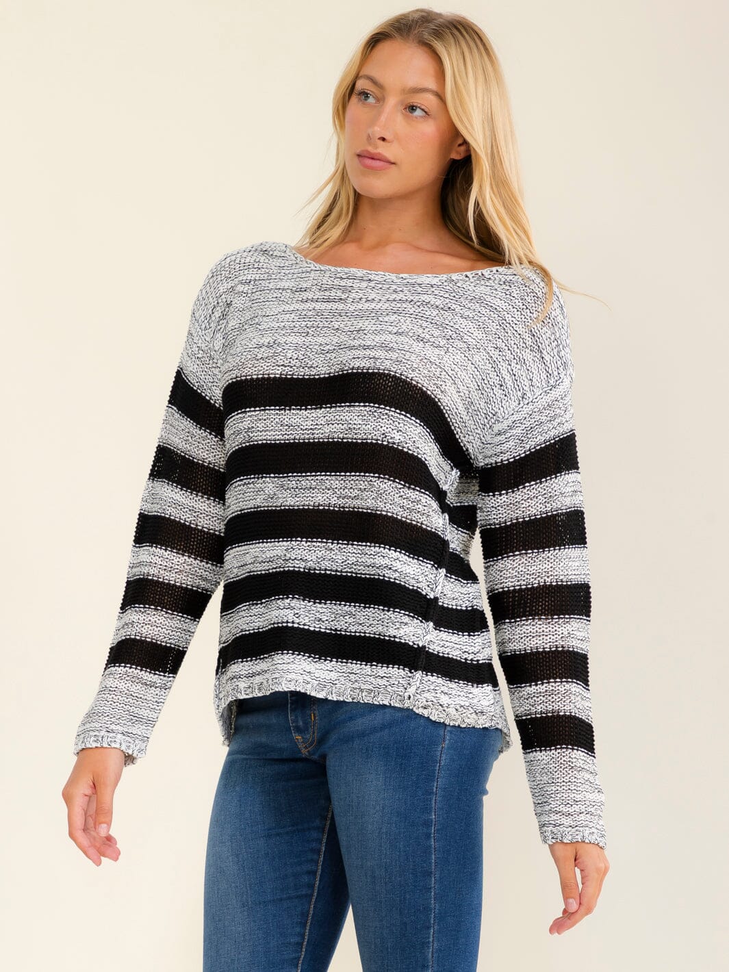 WOMEN'S LONG SLEEVE ELBOW PATCH COLORBLOCK STRIPES TOP