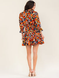 ENTRO WOMEN'S 3/4 SLEEVE V-NECK ELASTIC WAIST MULTI PRINT MINI DRESS