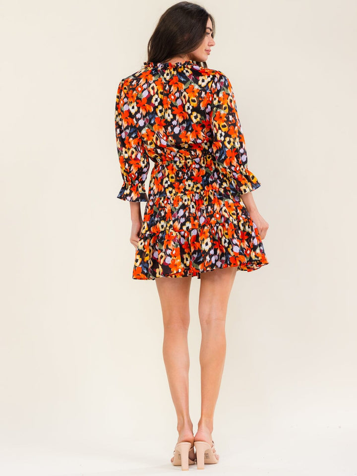 ENTRO WOMEN'S 3/4 SLEEVE V-NECK ELASTIC WAIST MULTI PRINT MINI DRESS