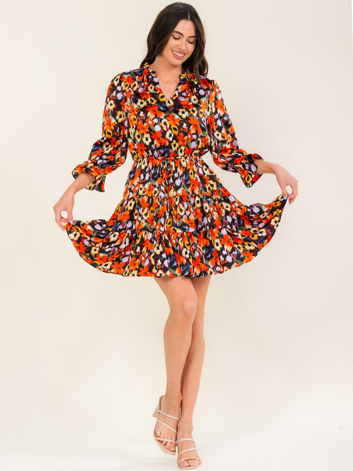 ENTRO WOMEN'S 3/4 SLEEVE V-NECK ELASTIC WAIST MULTI PRINT MINI DRESS