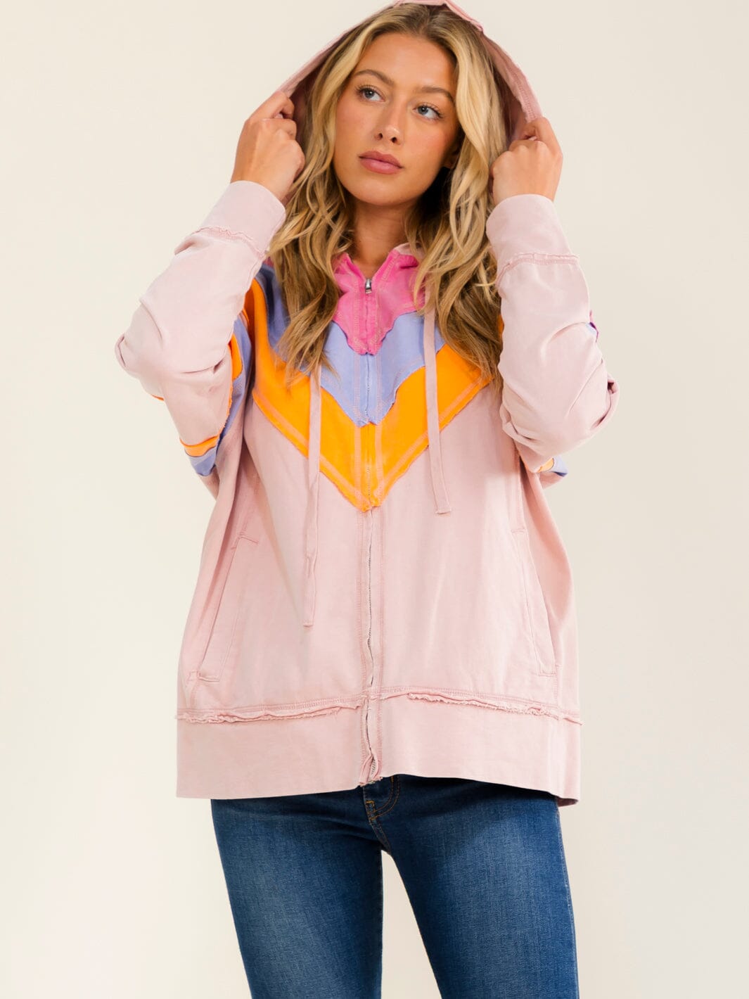 WOMEN'S LONG SLEEVE ZIP UP FRONT POCKETS HOODED MULTI SWEATER