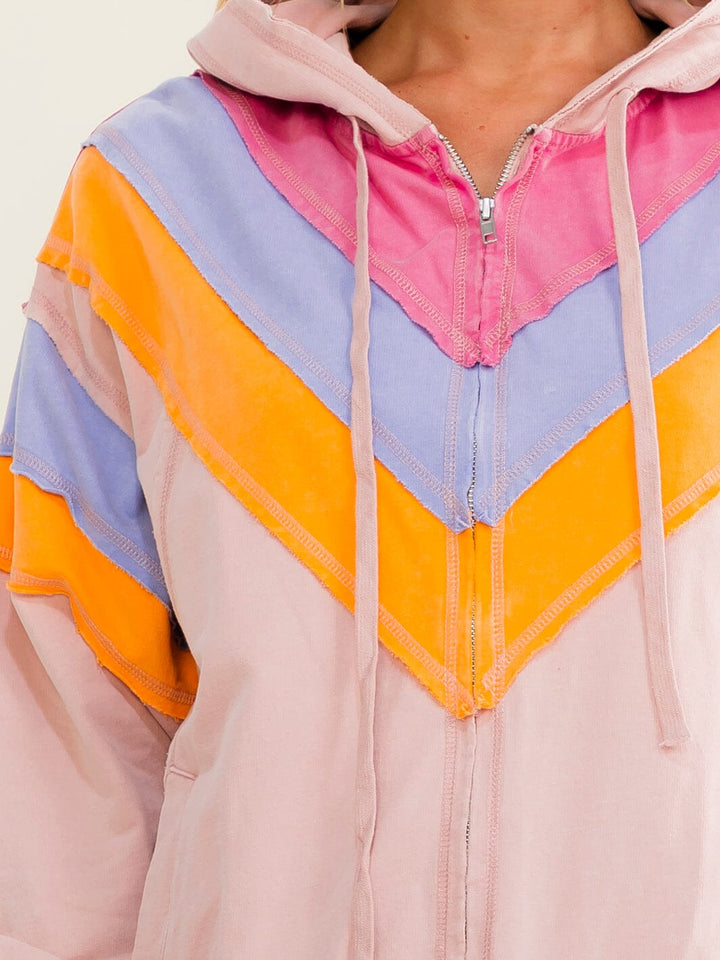 WOMEN'S LONG SLEEVE ZIP UP FRONT POCKETS HOODED MULTI SWEATER