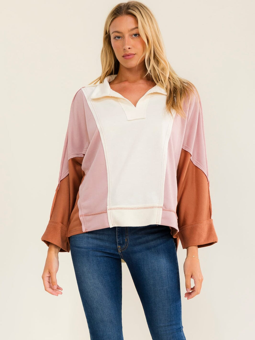 WOMEN'S LONG SLEEVE V-NECK COLORBLOCK TOP