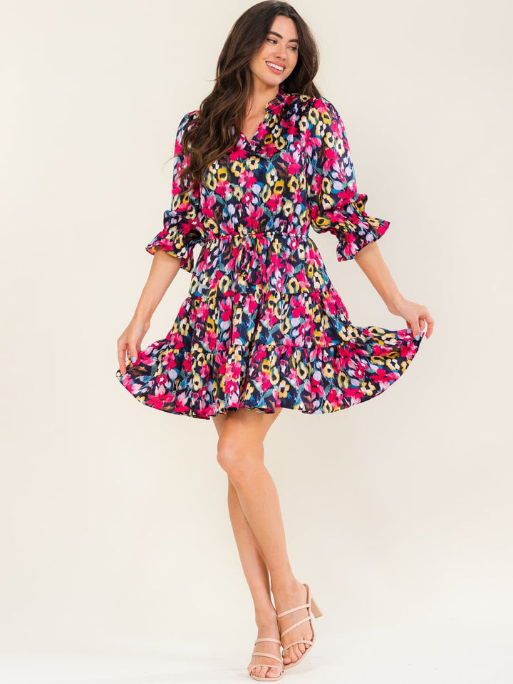 ENTRO WOMEN'S 3/4 SLEEVE V-NECK ELASTIC WAIST MULTI PRINT MINI DRESS