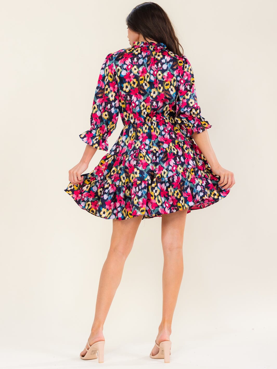 ENTRO WOMEN'S 3/4 SLEEVE V-NECK ELASTIC WAIST MULTI PRINT MINI DRESS