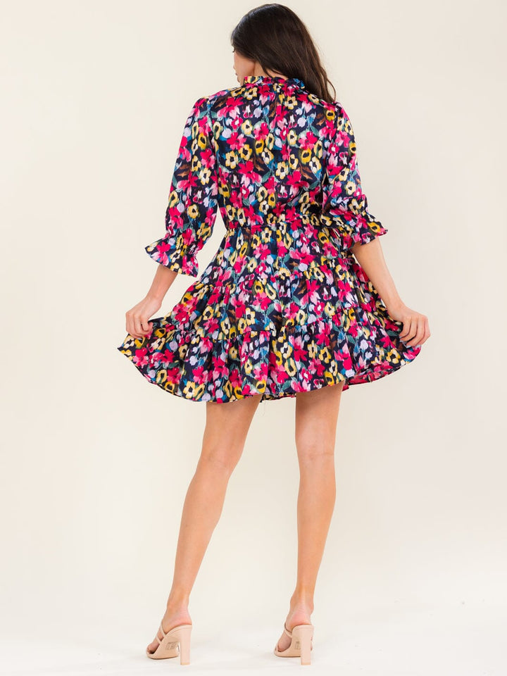 ENTRO WOMEN'S 3/4 SLEEVE V-NECK ELASTIC WAIST MULTI PRINT MINI DRESS