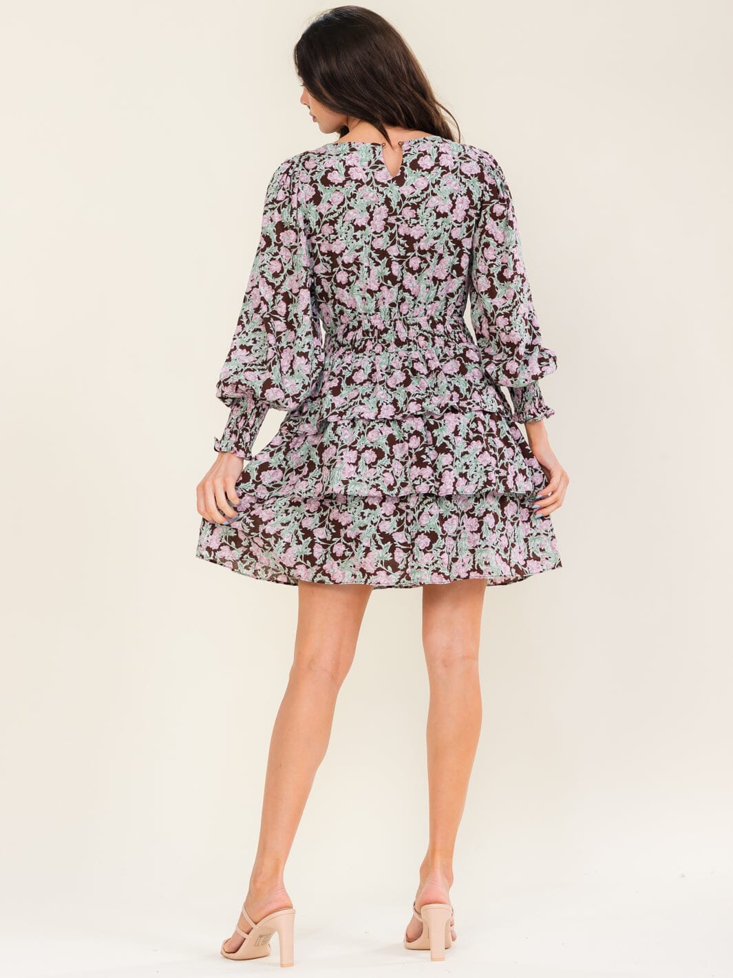 ENTRO WOMEN'S LONG SLEEVE ELASTIC WAIST FLORAL PRINT MINI DRESS