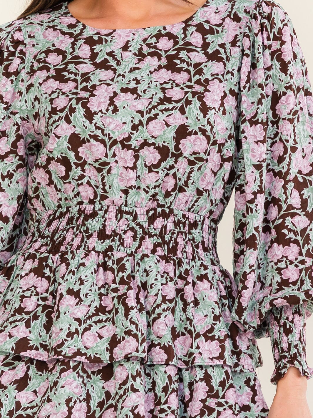 ENTRO WOMEN'S LONG SLEEVE ELASTIC WAIST FLORAL PRINT MINI DRESS
