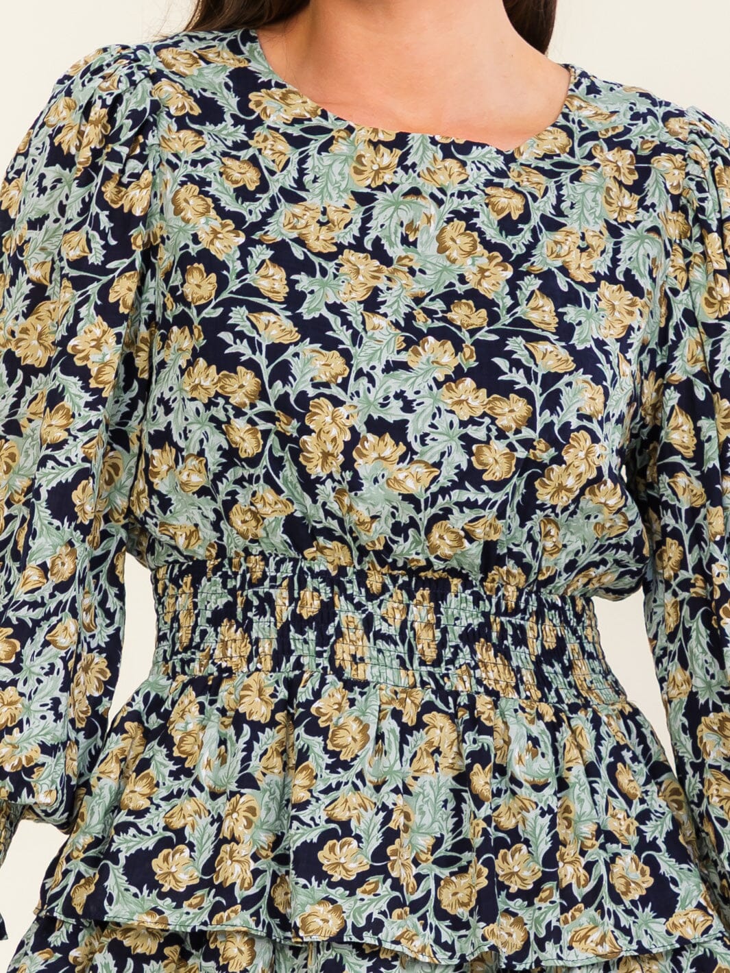 ENTRO WOMEN'S LONG SLEEVE ELASTIC WAIST FLORAL PRINT MINI DRESS