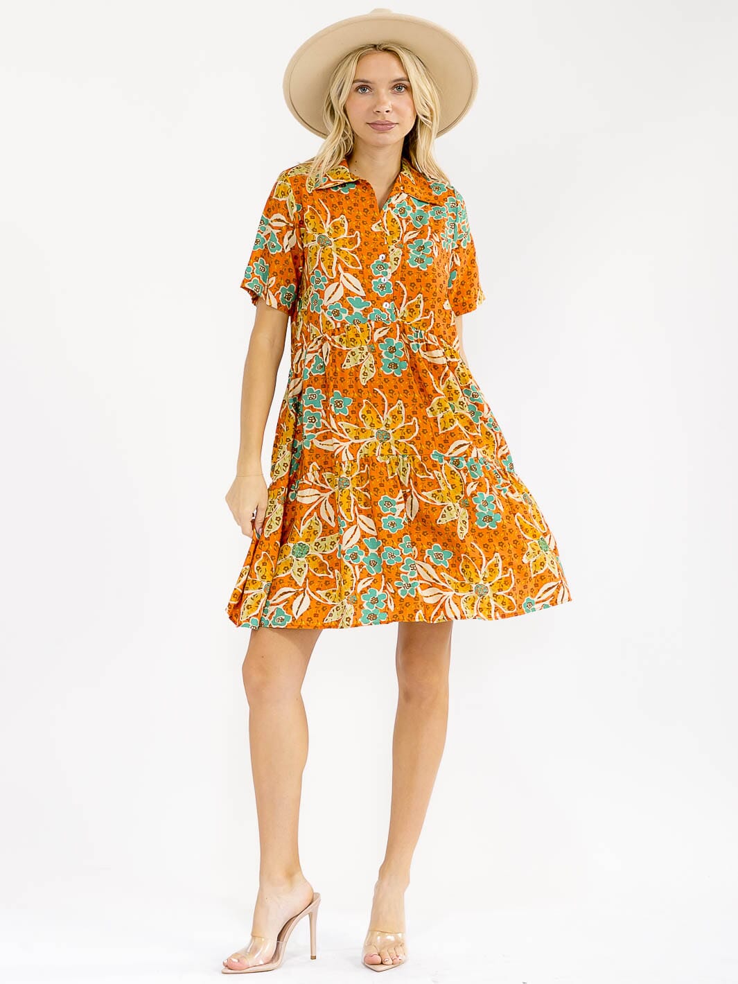 WOMEN'S SHORT SLEEVE BUTTON UP TIERED FLORAL MINI DRESS
