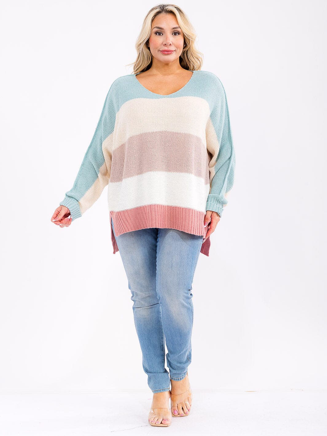 PLUS SIZE LONG SLEEVE V-NECK COLORBLOCK STRIPES HIGH-LOW PULLOVER SWEATER