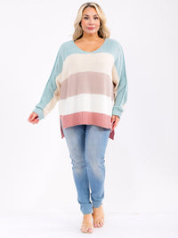 PLUS SIZE LONG SLEEVE V-NECK COLORBLOCK STRIPES HIGH-LOW PULLOVER SWEATER