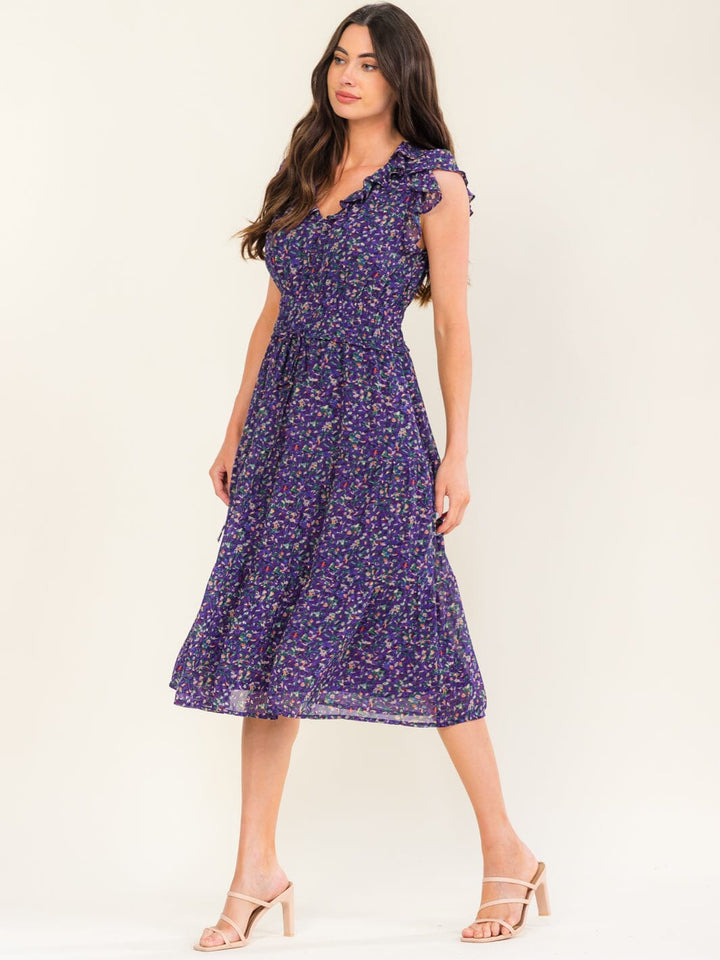 ENTRO WOMEN'S SHORT SLEEVE V-NECK SMOCK FLORAL PRINT MIDI DRESS