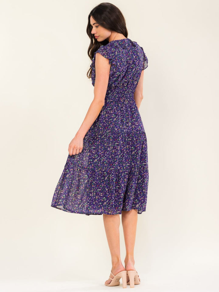 ENTRO WOMEN'S SHORT SLEEVE V-NECK SMOCK FLORAL PRINT MIDI DRESS