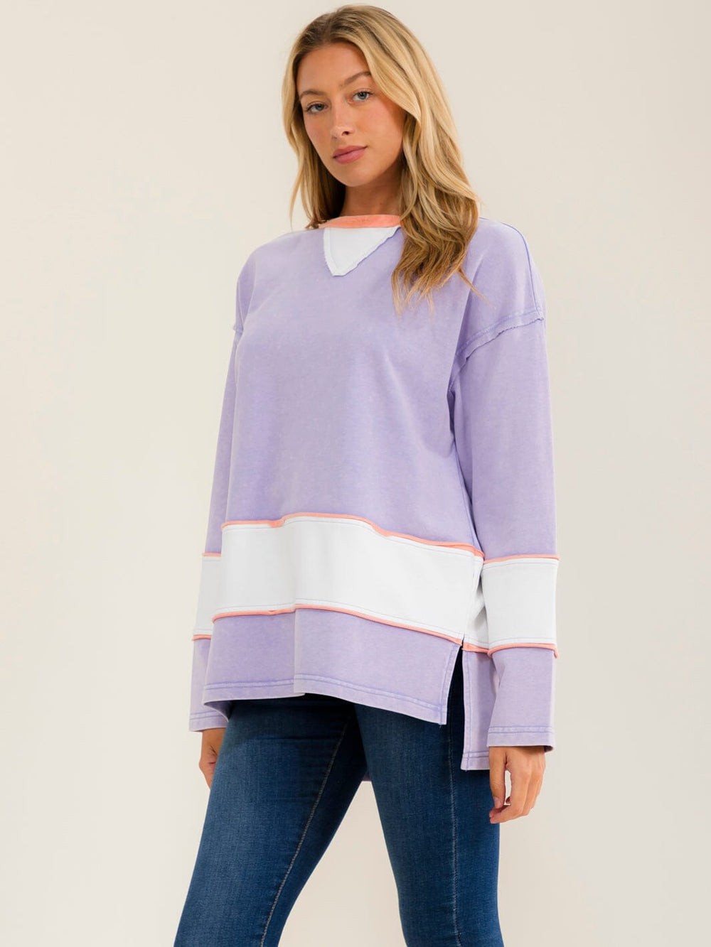 WOMEN'S LONG SLEEVE HIGH-LOW COLORBLOCK TOP