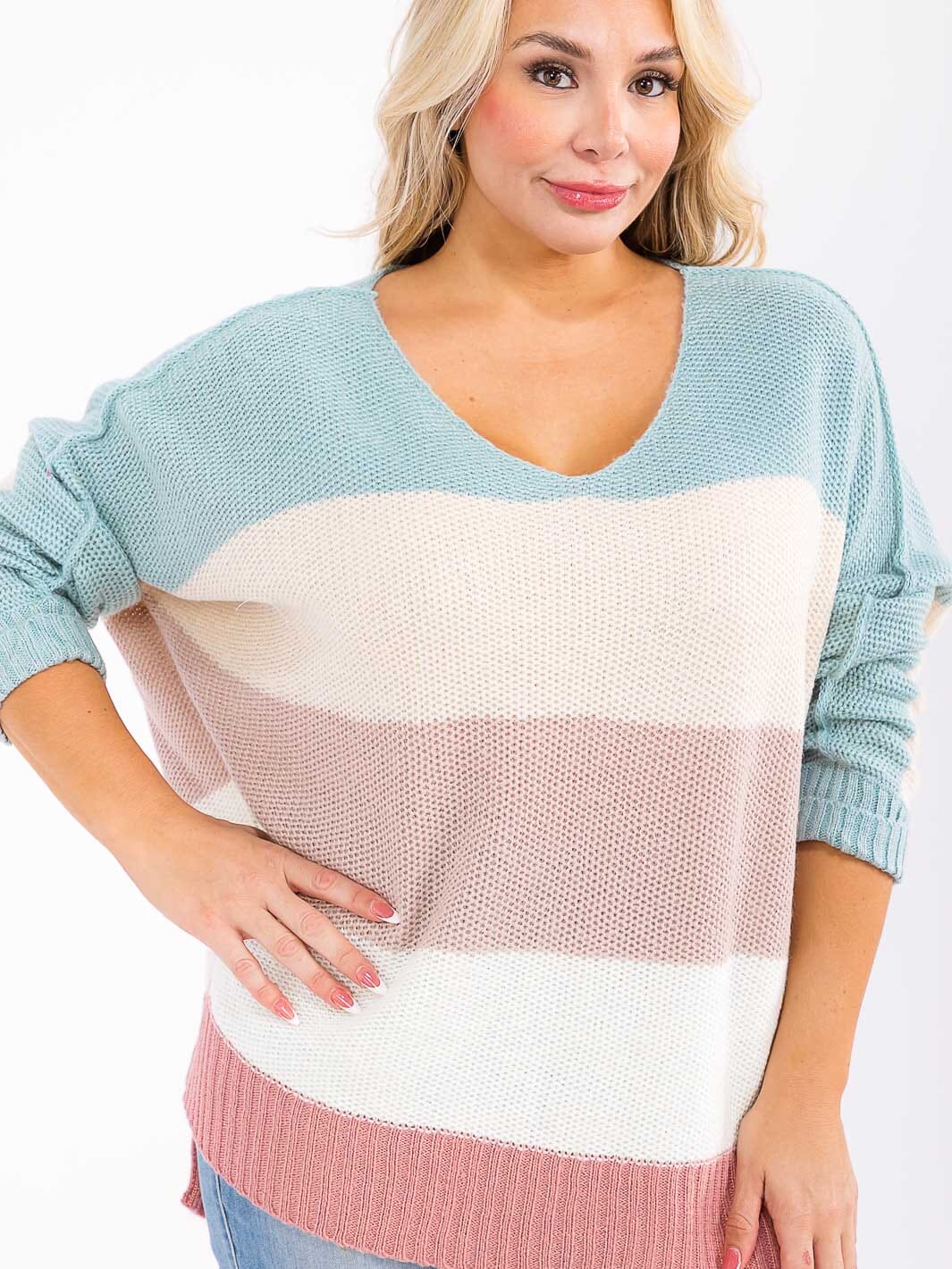 PLUS SIZE LONG SLEEVE V-NECK COLORBLOCK STRIPES HIGH-LOW PULLOVER SWEATER