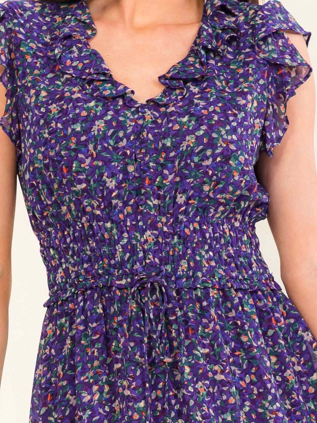 ENTRO WOMEN'S SHORT SLEEVE V-NECK SMOCK FLORAL PRINT MIDI DRESS
