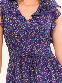 ENTRO WOMEN'S SHORT SLEEVE V-NECK SMOCK FLORAL PRINT MIDI DRESS