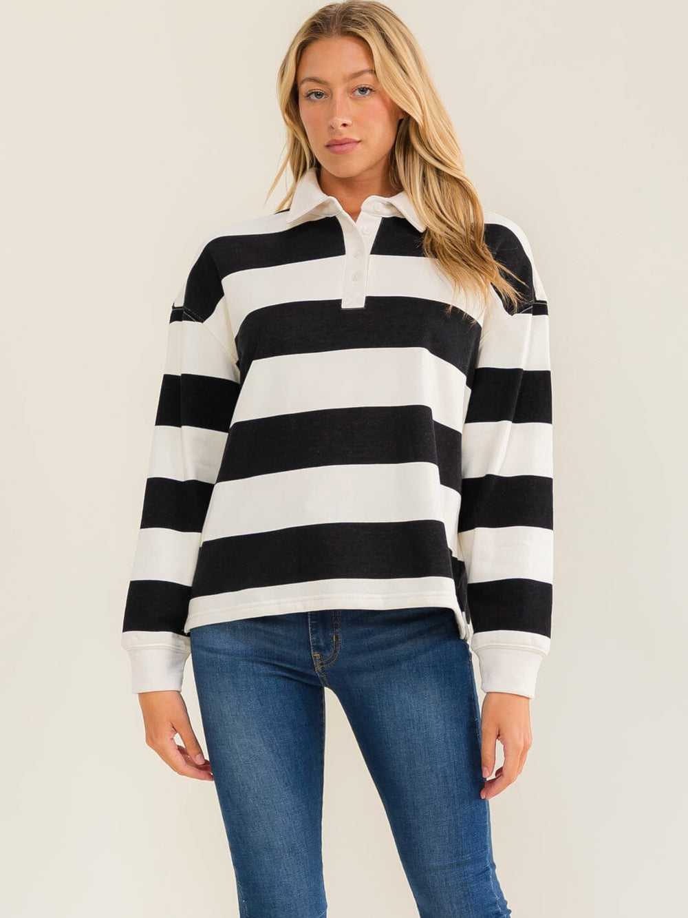 WOMEN'S LONG SLEEVE BUTTON UP STRIPES COLORBLOCK TOP