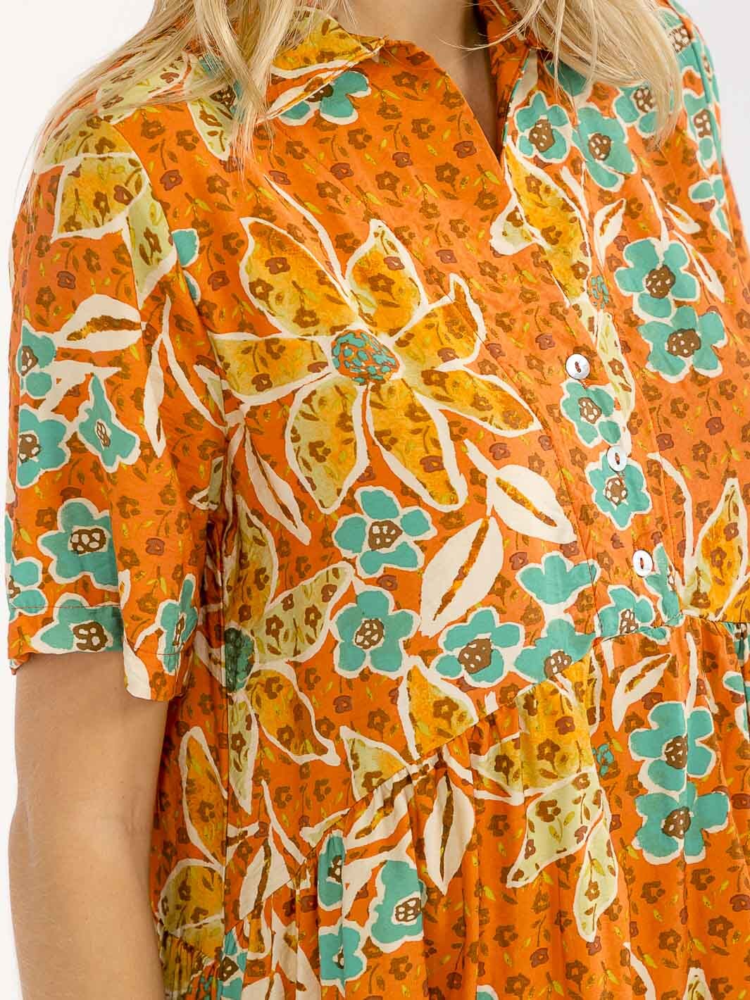 WOMEN'S SHORT SLEEVE BUTTON UP TIERED FLORAL MINI DRESS