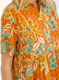 WOMEN'S SHORT SLEEVE BUTTON UP TIERED FLORAL MINI DRESS