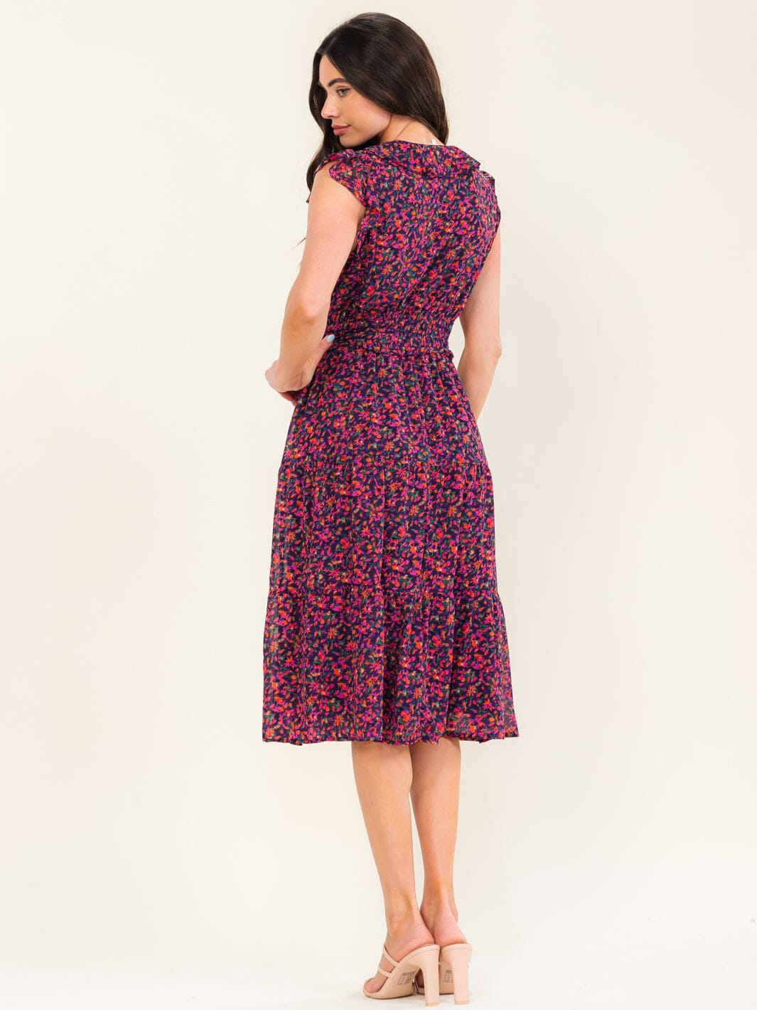ENTRO WOMEN'S SHORT SLEEVE V-NECK SMOCK FLORAL PRINT MIDI DRESS