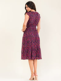 ENTRO WOMEN'S SHORT SLEEVE V-NECK SMOCK FLORAL PRINT MIDI DRESS